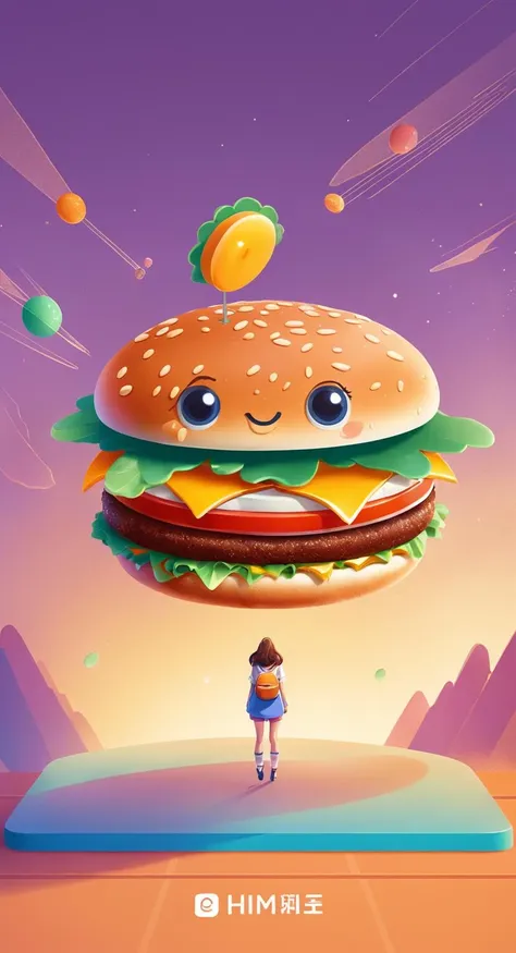 an artwork, Burger, in the style of 2d game art, characterized girl, dmitry vishnevsky, orange and emerald, cute and dreamy, editorial illustrations, zeiss batis 18mm f/2.8