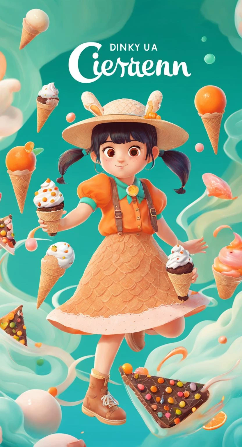 an artwork, IceCreamRound, in the style of 2d game art, characterized girl, dmitry vishnevsky, orange and emerald, cute and dreamy, editorial illustrations, zeiss batis 18mm f/2.8