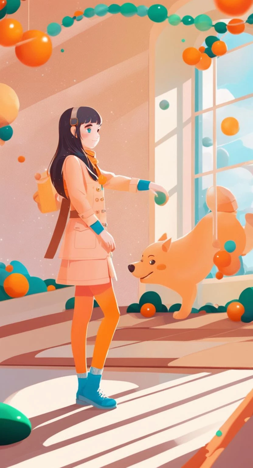an artwork, Stap, in the style of 2d game art, characterized girl, dmitry vishnevsky, orange and emerald, cute and dreamy, editorial illustrations, zeiss batis 18mm f/2.8