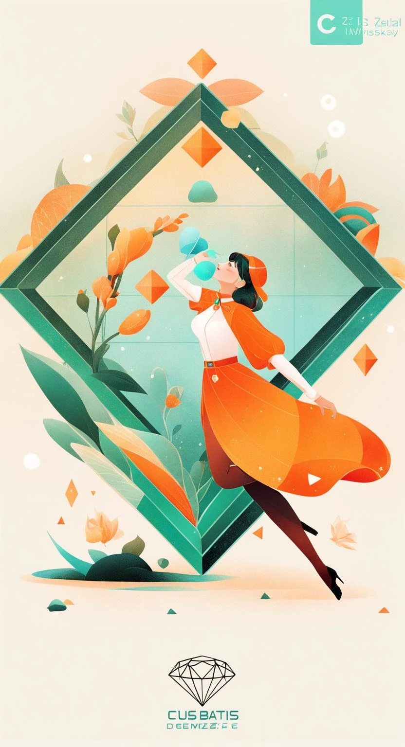 an artwork, Diamond, in the style of 2d game art, characterized girl, dmitry vishnevsky, orange and emerald, cute and dreamy, editorial illustrations, zeiss batis 18mm f/2.8