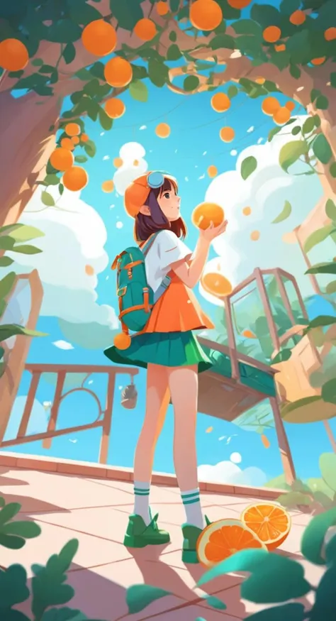 an artwork, LocationInformation, in the style of 2d game art, characterized girl, dmitry vishnevsky, orange and emerald, cute and dreamy, editorial illustrations, zeiss batis 18mm f/2.8