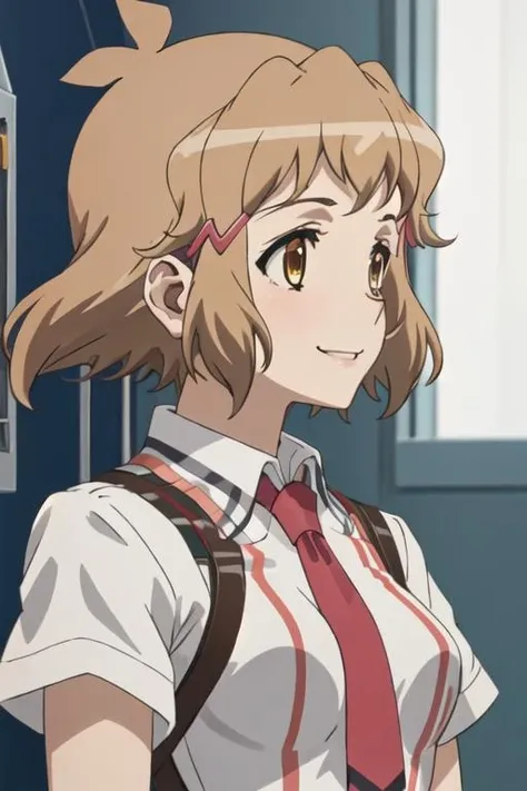 best quality, masterpiece, highres, solo, {tachibana_hibiki_senkizesshousymphogear:1.15}, short_hair, brown_hair, hair_ornament, hairclip, brown_eyes, 1girl, necktie, school_uniform, smile, profile, from_side, red_necktie