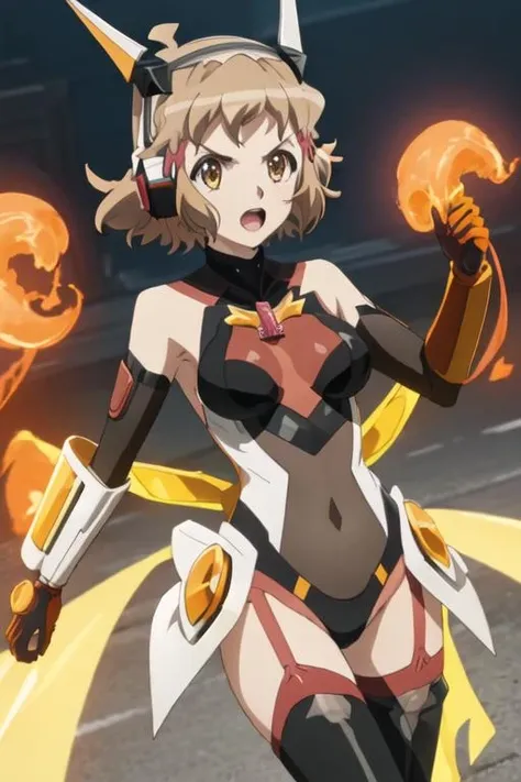 best quality, masterpiece, highres, solo, {tachibana_hibiki_senkizesshousymphogear:1.15}, short_hair, brown_hair, hair_ornament, hairclip, brown_eyes, 1girl, bare_shoulders, headgear, headphones, open_mouth, orange_eyes, bodysuit, looking_at_viewer
