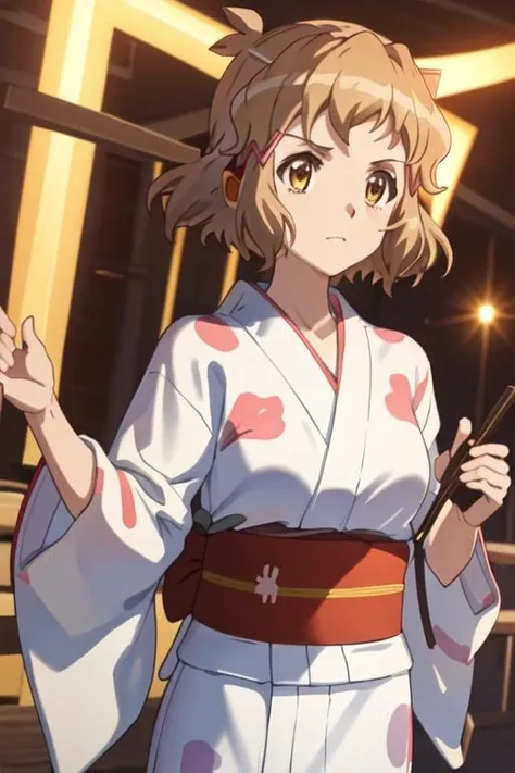 best quality, masterpiece, highres, solo, {yukata:1.40}, {kimono:1.20}, {tachibana_hibiki_senkizesshousymphogear:1.15}, short_hair, brown_hair, hair_ornament, hairclip, brown_eyes
