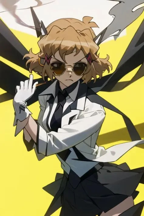 best quality, masterpiece, highres, solo, {black business suit:1.40}, {tie:1.20}, {sunglasses:1.25}, {white gloves:1.15}, {white shirt:1.10}, {black skirt:1.15}, {smoking:1.20}, handsome, {tachibana_hibiki_senkizesshousymphogear:1.15}, short_hair, brown_hair, hair_ornament, hairclip, brown_eyes