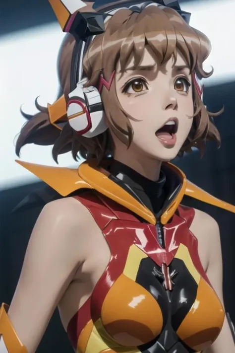 best quality, masterpiece, highres, solo, {tachibana_hibiki_senkizesshousymphogear:1.15}, short_hair, brown_hair, hair_ornament, hairclip, brown_eyes, 1girl, anime_coloring, headgear, headphones, parody, open_mouth, bare_shoulders