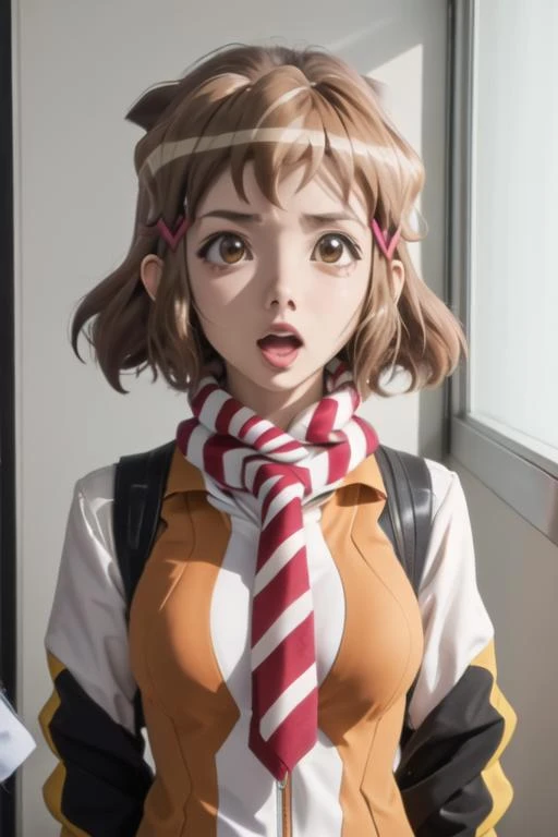 best quality, masterpiece, highres, solo, {tachibana_hibiki_senkizesshousymphogear:1.15}, short_hair, brown_hair, hair_ornament, hairclip, brown_eyes, 1girl, jacket, parody, anime_coloring, scarf, striped, upper_body, necktie, open_mouth