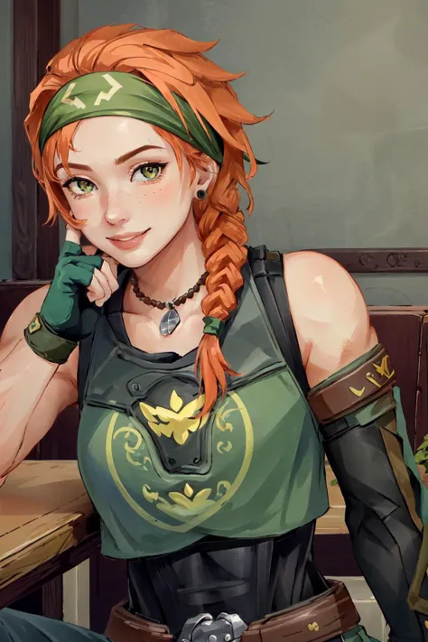 skye \(valorant\), 1girl, headband, fingerless gloves, single elbow glove, body armor, bare shoulders, belt, pants, orange hair, smile, sitting, solo, detailed face, looking at viewer, upper body, potrait, (masterpiece:1.2, best quality, <lora:Valorant_Skye-000018:0.8>