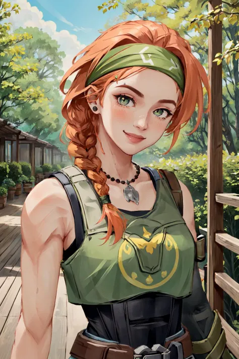 skye \(valorant\), 1girl, headband, fingerless gloves, single elbow glove, body armor, bare shoulders, belt, pants, orange hair, smile, solo, detailed face, looking at viewer, upper body, potrait, outdoor, forest, village, house, wooden floor, (masterpiece:1.2, best quality, <lora:Valorant_Skye-000018:0.8>