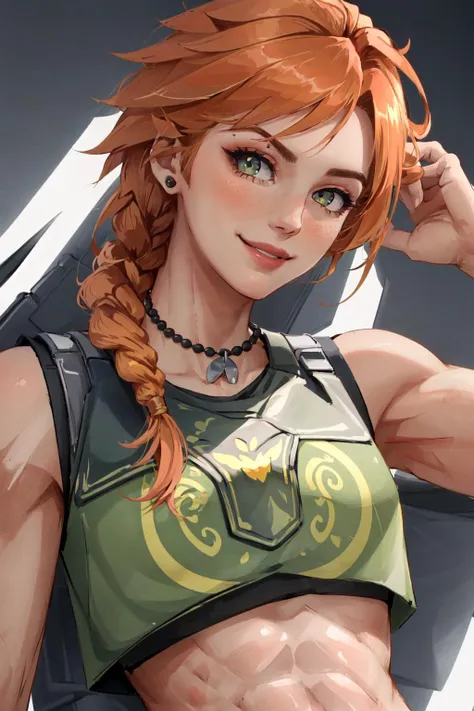 skye \(valorant\), 1girl, crop top, abs, orange hair, smile, solo, detailed face, looking at viewer, upper body, potrait, (masterpiece:1.2, best quality, <lora:Valorant_Skye-000018:0.8>