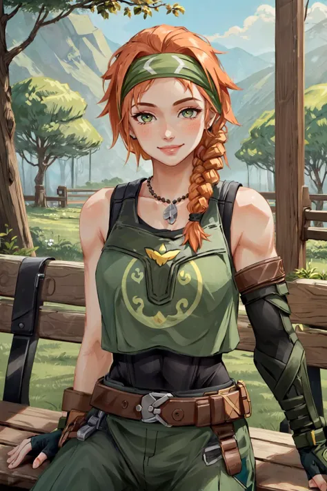 skye \(valorant\), 1girl, headband, fingerless gloves, single elbow glove, body armor, bare shoulders, belt, pants, orange hair, smile, sitting on bench, solo, detailed face, looking at viewer, upper body, potrait, outdoor, forest, village, house, wooden floor, (masterpiece:1.2, best quality, <lora:Valorant_Skye-000018:0.8>