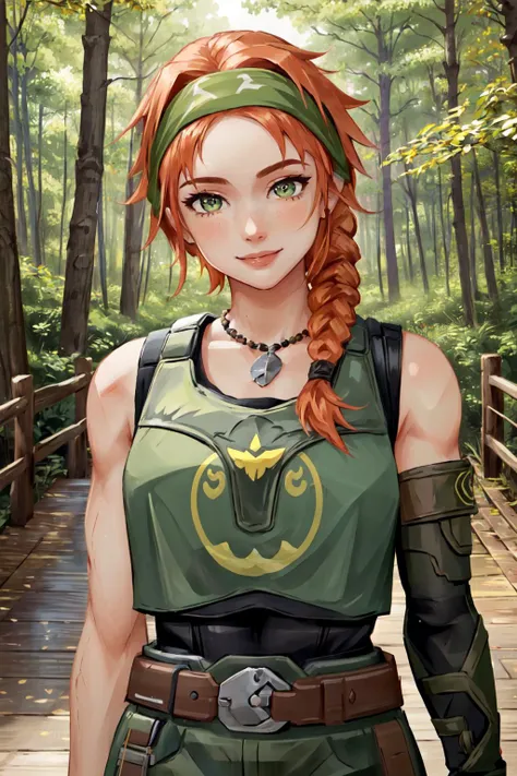 skye \(valorant\), 1girl, headband, fingerless gloves, single elbow glove, body armor, bare shoulders, belt, pants, orange hair, smile, solo, detailed face, looking at viewer, upper body, potrait, outdoor, forest, village, house, wooden floor, (masterpiece:1.2, best quality, <lora:Valorant_Skye-000018:0.8>