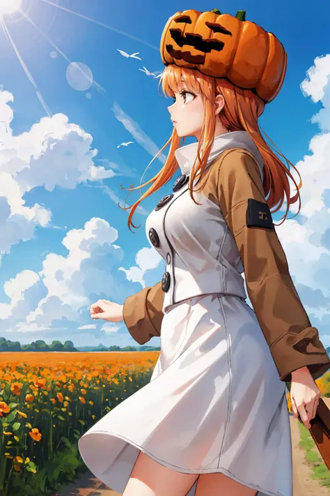 masterpiece, best quality, <lora:snowgolem-nvwls-v1-000009:0.9> sgolem, pumpkin hat, coat, white skirt, buttons, large breasts, looking up, sun, flowers, spring, sunlight, worried, from side