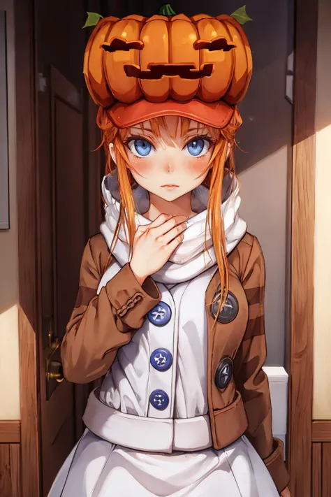 (masterpiece, best quality:1.2), 1girl, solo, looking at viewer, <lora:hotmelon:0.95> hotmelon, <lora:snowgolem-nvwls-v1:0.95> sgolem, blue eyes, pumpkin hat, coat, white skirt, buttons