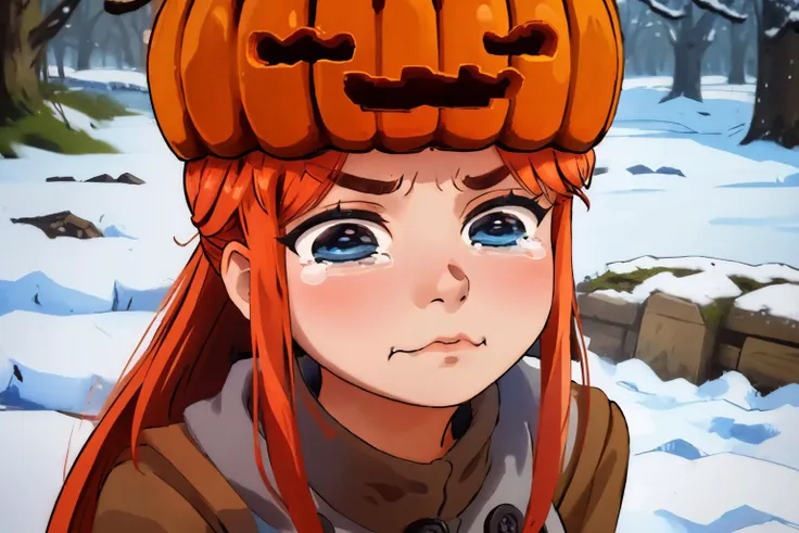 (masterpiece, best quality:1.2), solo, 1girl, sgolem, pout, crying, v-shaped eyebrows, pumpkin hat, blue eyes, coat, buttons <lora:snowgolem-nvwls-v1:1> <lora:aqua_crying_meme:0.8>