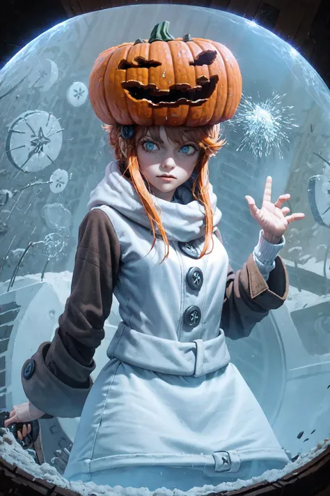 sgolem, blue eyes, pumpkin hat, coat, white skirt, buttons, <lora:Char_Meme_SnowGolem:1>, Forcefield, inside a dome, <lora:Pos_Forcefield:0.9>