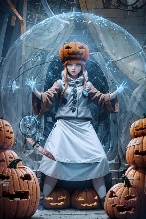 sgolem, blue eyes, pumpkin hat, coat, white skirt, buttons, <lora:Char_Meme_SnowGolem:1>, Forcefield, inside a dome, <lora:Pos_Forcefield:0.9>
