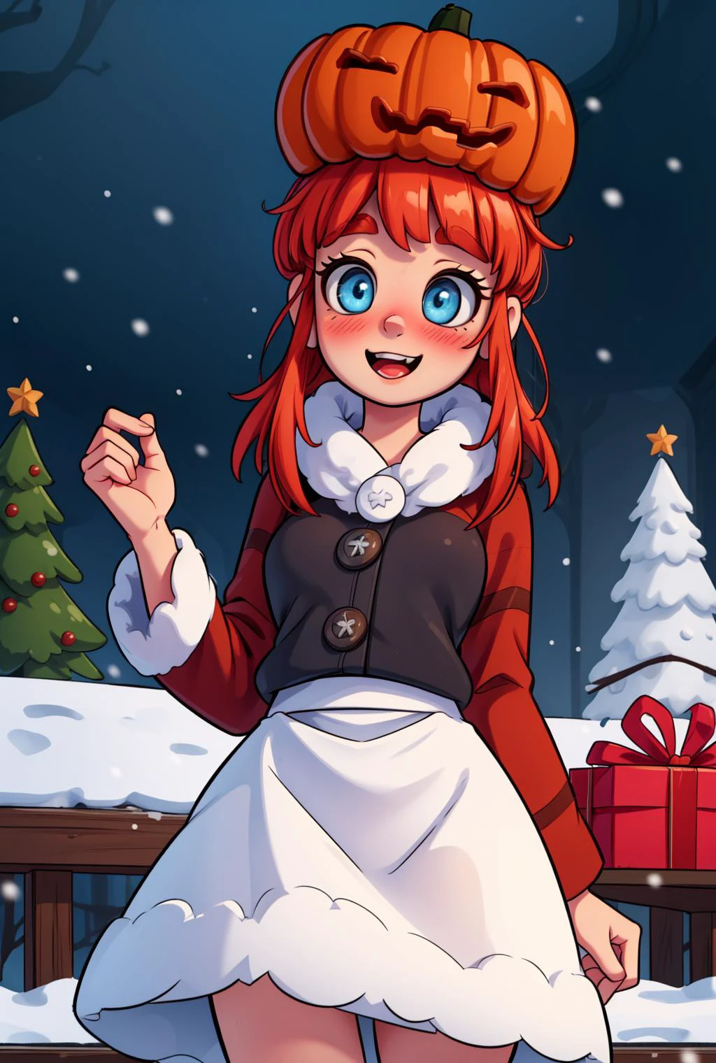 (masterpiece, best quality:1.2), (christmas tree), snow, (elaborate atmosphere:1.4), <lora:more_details:0.5>, outdoors, <lora:snowgolem-nvwls-v1:0.8> sgolem, blue eyes, pumpkin hat, coat, white skirt, buttons, blushing, very happy, (gift:1.2),