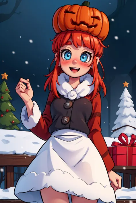 (masterpiece, best quality:1.2), (christmas tree), snow, (elaborate atmosphere:1.4),  <lora:more_details:0.5>, outdoors, <lora:snowgolem-nvwls-v1:0.8> sgolem, blue eyes, pumpkin hat, coat, white skirt, buttons, blushing, very happy, (gift:1.2),