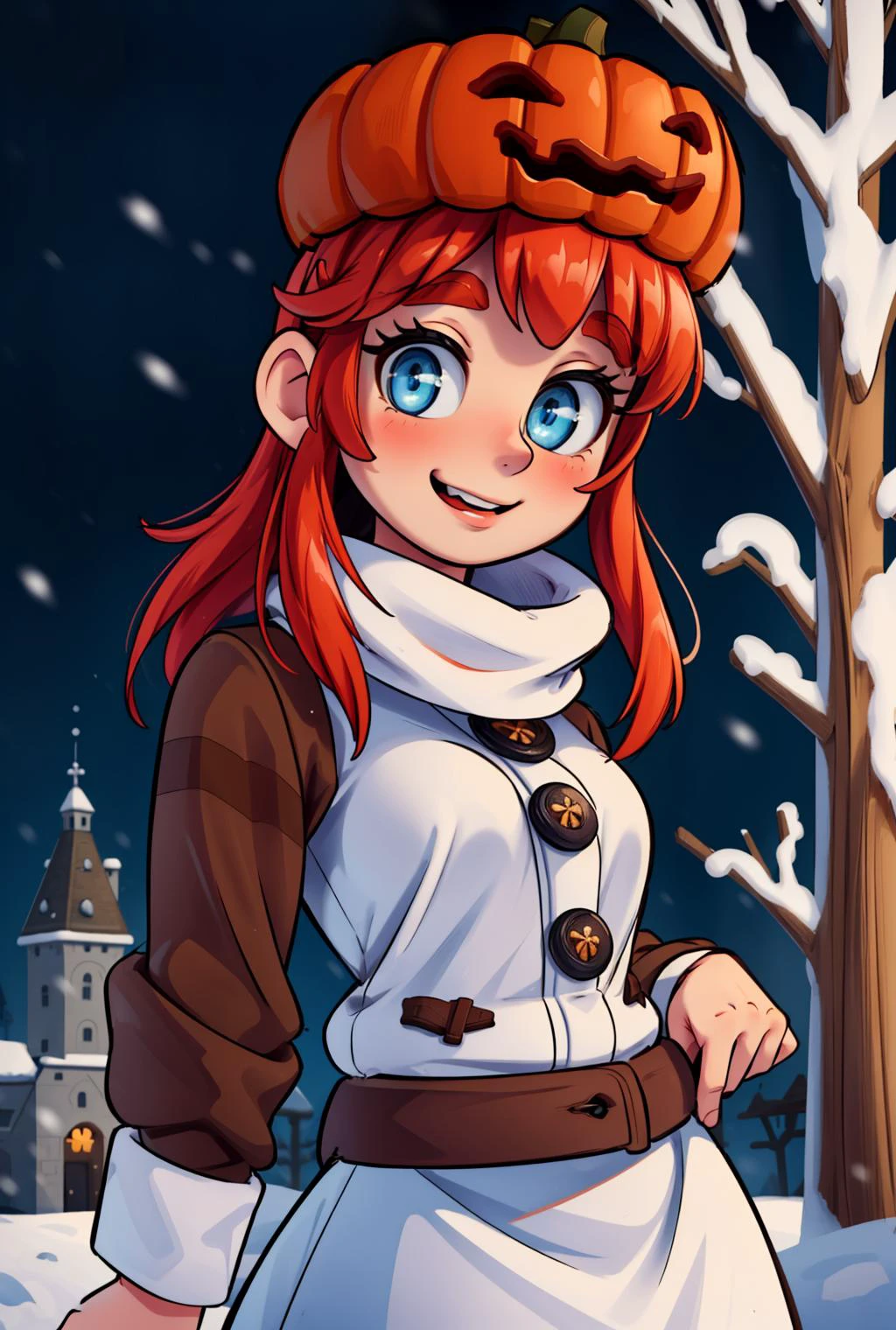 (masterpiece, best quality:1.2), (christmas tree), snow, (elaborate atmosphere:1.4), <lora:more_details:0.5>, outdoors, <lora:snowgolem-nvwls-v1:0.8> sgolem, blue eyes, pumpkin hat, coat, white skirt, buttons, very happy