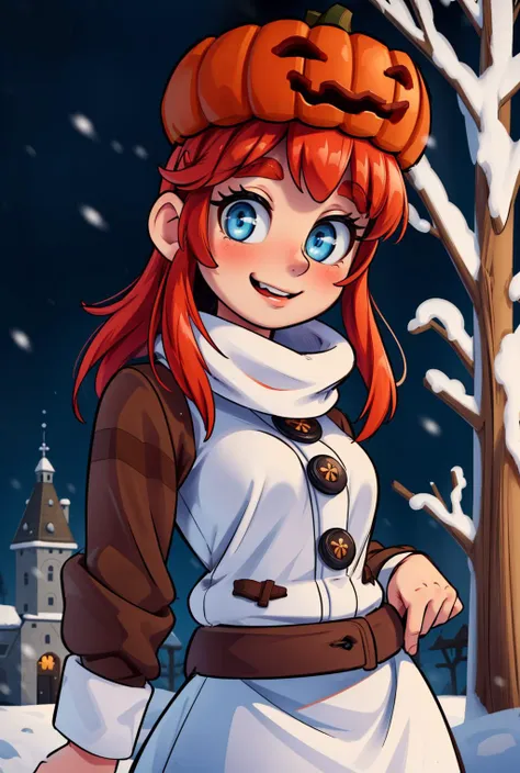 (masterpiece, best quality:1.2), (christmas tree), snow, (elaborate atmosphere:1.4),  <lora:more_details:0.5>, outdoors, <lora:snowgolem-nvwls-v1:0.8> sgolem, blue eyes, pumpkin hat, coat, white skirt, buttons, very happy