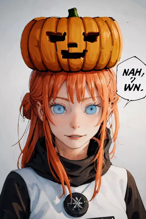 sgolem, blue eyes, pumpkin hat, <lora:Char_Meme_SnowGolem:1>, nahidwin, speech bubble, english text, close-up, <lora:Pos_NahIdWin:1>