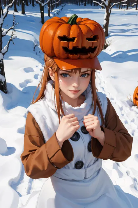 masterpiece, best quality, <lora:snowgolem-nvwls-v1-000009:0.9> sgolem, pumpkin hat, coat, white skirt, buttons, smile, winter, snow, furrowed brow, looking at viewer, fists, from above