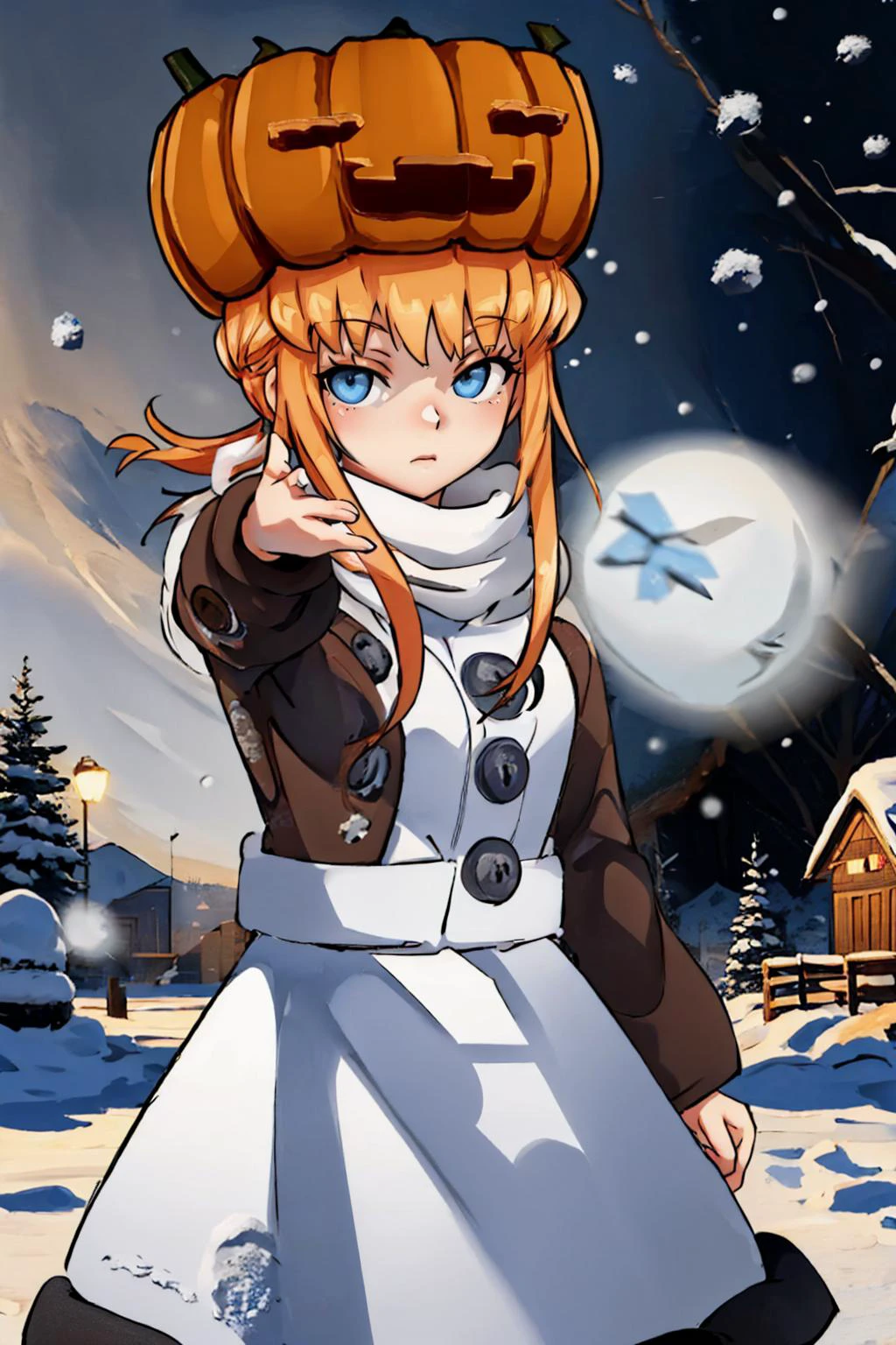 (masterpiece, best quality:1.2), snow, landscape, IncursioThrowingAFatRat, solo, 1girl, sgolem, throwing, (snowball:1.2), blue eyes, pumpkin hat, coat, white skirt, buttons <lora:snowgolem-nvwls-v1:1> <lora:EminemThrowingAFatRatMeme:1>