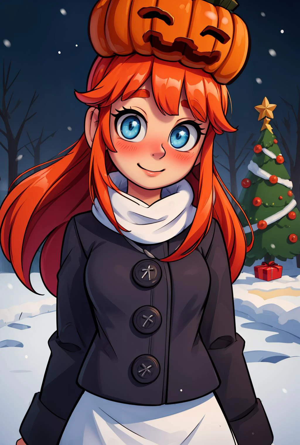 (masterpiece, best quality:1.2), (christmas tree), snow, (elaborate atmosphere:1.4), <lora:more_details:0.5>, outdoors, <lora:snowgolem-nvwls-v1:0.8> sgolem, blue eyes, pumpkin hat, coat, white skirt, buttons, blushing, very happy, (gift:1.2),