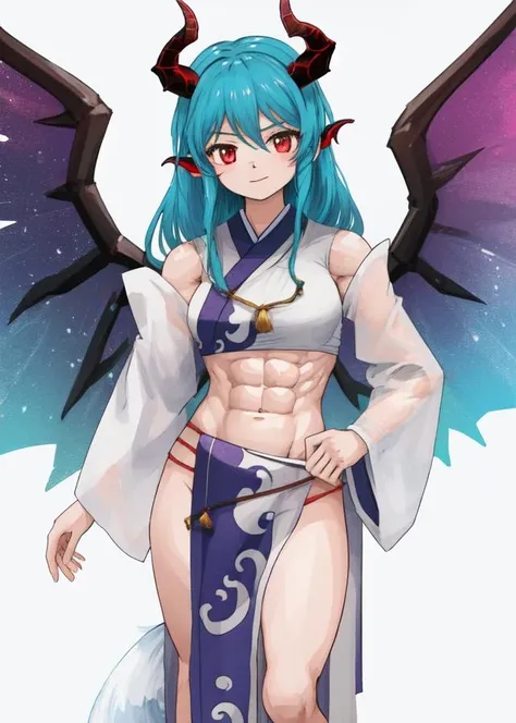 zun,1girl,wings,horns,tails,muscular,  <lora:zun:1>