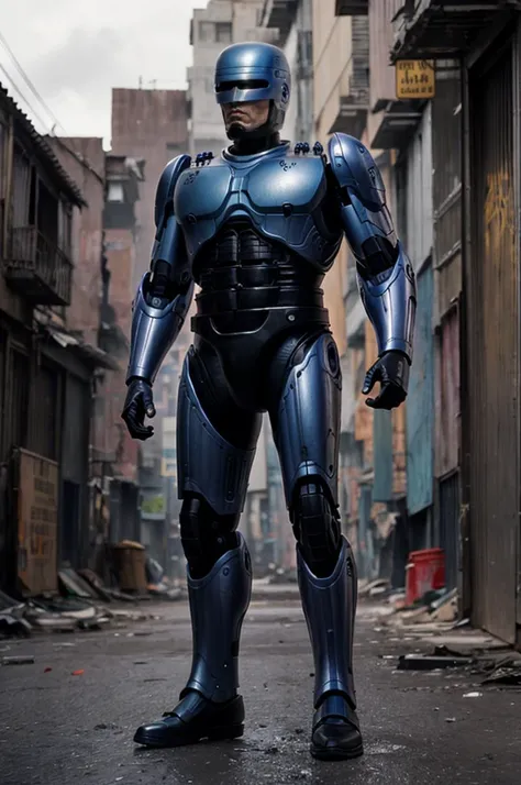 cinematic film still of RoboCop 1987 a man in a dirty metal suit , shallow depth of field, vignette, highly detailed, high budget, bokeh, cinemascope, moody, epic, gorgeous, film grain, grainy, standing in a slum street with graffiti <lora:Robocop 1987 SD1.5:1.2>
