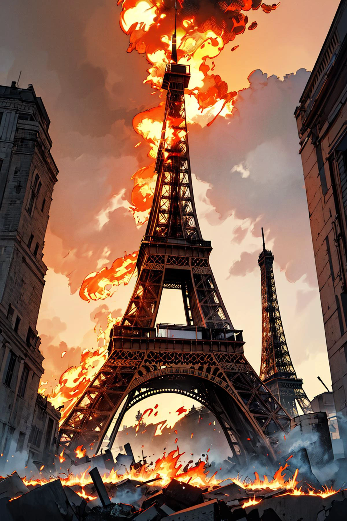 ((masterpiece)), (best quality), official art, extremely detailed CG, unity 8k wallpaper, ultra detailed,
eiffel_tower, eiffel tower, day, (fire:1.4), (burning:1.4), paris, collapsed,
<lora:eiffel_tower_v1:0.9>