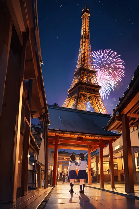 ((masterpiece)), (best quality), official art, extremely detailed CG, unity 8k wallpaper, ultra detailed,
eiffel_tower, eiffel tower, kyoto, japanese temple, shrine, torii, night, fireworks,
girls, school uniform,
<lora:eiffel_tower_v1:1>