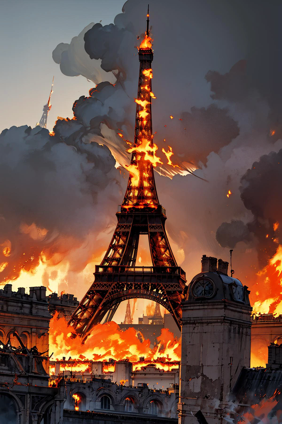((masterpiece)), (best quality), official art, extremely detailed CG, unity 8k wallpaper, ultra detailed,
eiffel_tower, eiffel tower, day, (fire:1.4), (burning:1.4), paris, collapsed, middle age, paris, bastille, stone buildings, french flag, wind,
<lora:eiffel_tower_v1:0.9>
