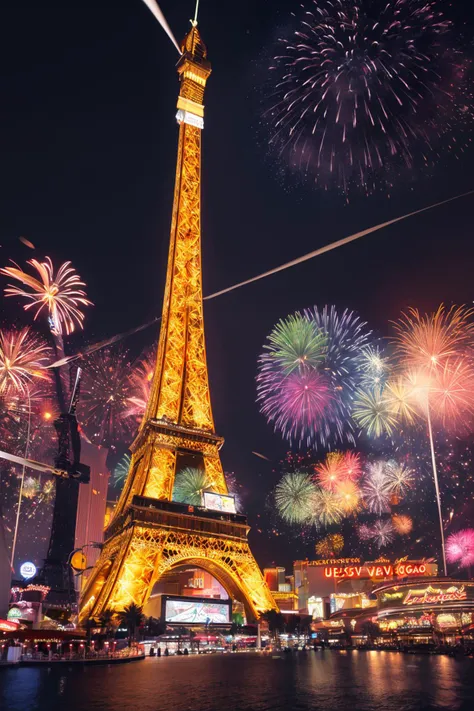 ((masterpiece)), (best quality), official art, extremely detailed CG, unity 8k wallpaper, ultra detailed, 
eiffel_tower, eiffel tower, night, fireworks, (las vegas:1.5),  casino, hotel sign, neon,  
 <lora:eiffel_tower_v1:0.9>