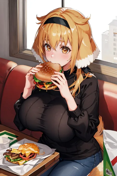 masterpiece, best quality, <lora:haremroxanne-nvwls-v1-000009:0.9> roxanne, dog ears, black hairband, black sweater, jeans, sitting,  <lora:borger-nvwls-ver-2:0.7> two-handed burger, eating, holding a huge burger, dog tail, table