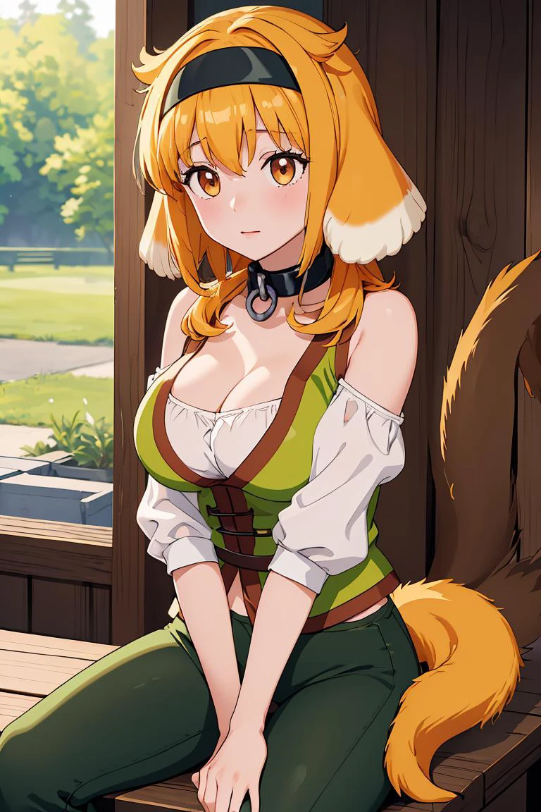 (masterpiece, best quality), 1girl, <lora:haremroxanne-nvwls-v1:1> roxanne, dog ears, black hairband, collar, off-shoulder shirt, cleavage, green vest, green pants , dog tail