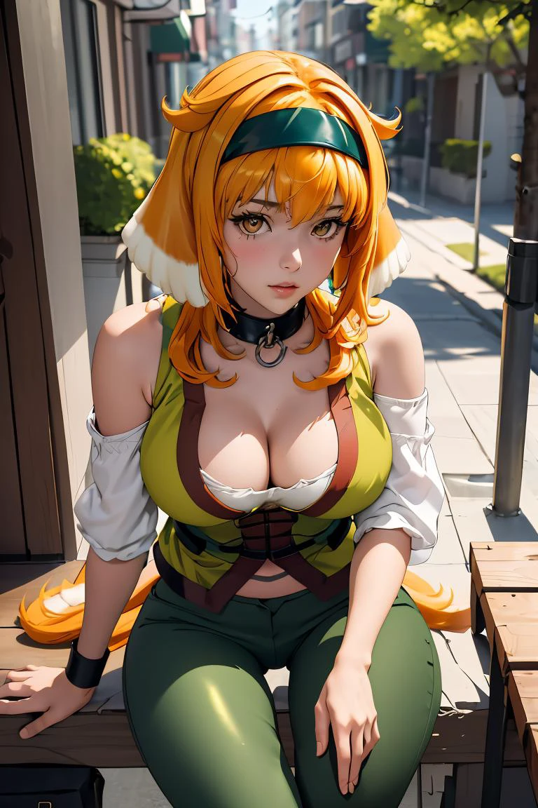 (masterpiece, best quality), 1girl, <lora:haremroxanne-nvwls-v1:1> roxanne, dog ears, black hairband, collar, off-shoulder shirt, cleavage, green vest, green pants , dog tail