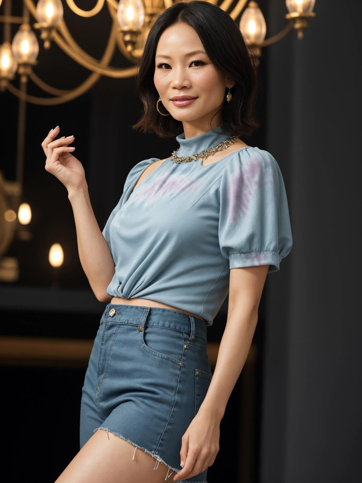 professional photo of Lucy Liu, choppy haircut hair, perfect eyes, wearing relaxed upper body clothing, mock neck, ar nano-cloth, puff sleeves, knee length, drop waist, open back,,reinforced knees,,coin pockets,,muted wash,,studs, draped lower body clothing, canvas, irregular, heliotrope (a precious stone), slim fit, high waist, tie-dye, gorgeous smile, inspiring tour de force architecture night sky stalagnate,chandelier, soft and ethereal makeup, low lighting, moody, large depth of field, deep depth of field, highly detailed, three quarter shot