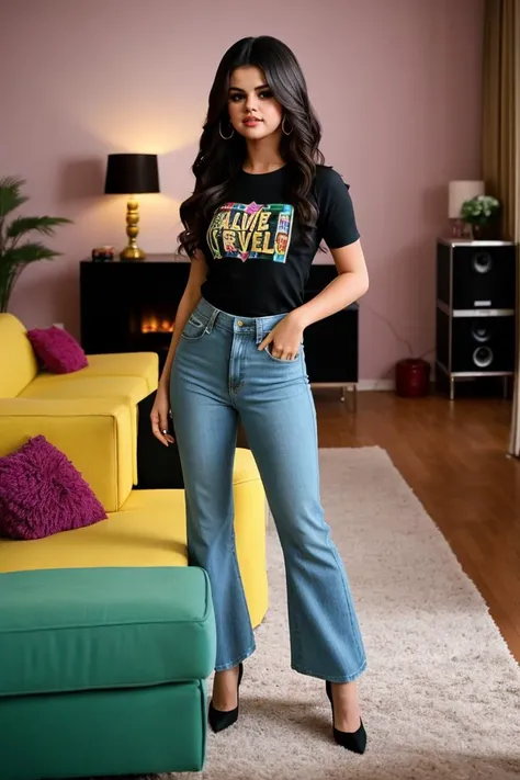 1girl,women, in a 1970s themed living room,wearing bell bottoms and a concert t-shirt,indoors,colorful,selena gomez,Best quality,4k,Realistic,highly detailed,