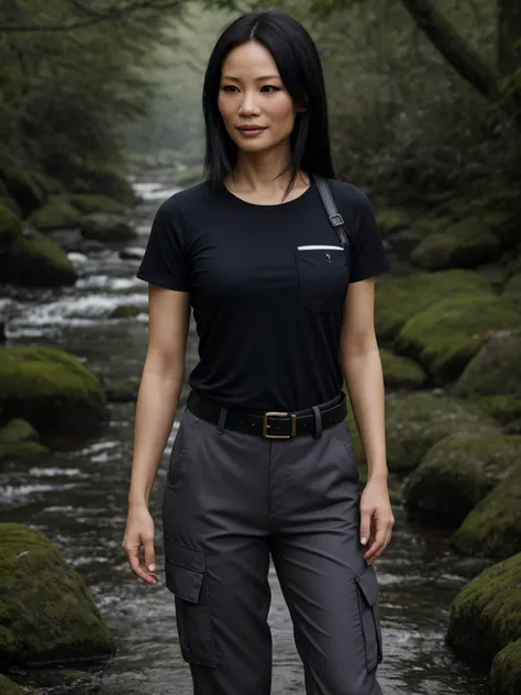 professional photo of Lucy Liu, wispy bangs hair, perfect eyes, wearing loose-fitting upper body clothing, scoop neck, graphene composite, circuitboard pattern,  rolled sleeves, tea length, empire waist, slit details,,cargo pockets,,patch,,low back,,patches, snug lower body clothing, thermal-regulating fleece,  natural dyes, cropped length, empire waist, pockets,,belt loops, gorgeous smile,  dystopian cityscape stream,mud suction,babbling brook,bog orchids, gothic makeup, low lighting, moody, large depth of field, deep depth of field, highly detailed, three quarter shot