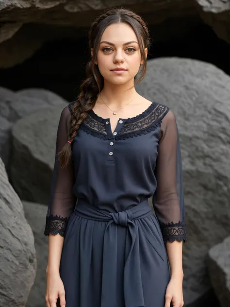 professional photo of Mila Kunis, french braid hair, perfect eyes, wearing draped upper body clothing, henley neck, thermal-regulating insulation,   cap sleeves, high-low hemline, empire waist, embroidery details,,color palette, constricting lower body clothing, smart symbiotic textile, dobby weave, unicorn horn beams, slim fit, natural waist, lace trims,,front pockets,,d-rings,,distressed details,detachable train, button closure, gorgeous smile, neue sachlichkeit (new objectivity) architecture hidden valley sea caves,solar eclipse, costume makeup, low lighting, moody, large depth of field, deep depth of field, highly detailed, three quarter shot