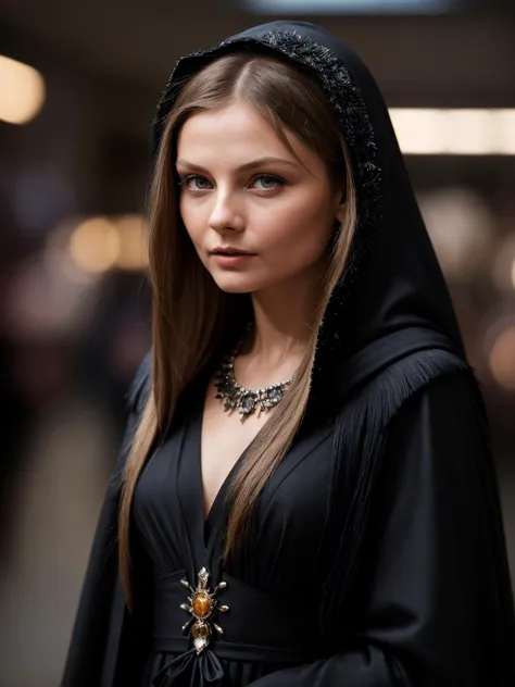 lifestyle photo of a Eniko Mihalik, Half-up, half-down hairstyle hair, wearing Wearing Voidborne Shadowsworn Attire with Nebula Veil, obsidian feathered cloak, standing straight to the camera, (upper body shot:1.3), In the movie theater, natural lighting, eye level camera angle, perfect eyes, perfect body, perfect teeth, Canon EOS 5D, 35mm, in style of Steve McCurry, ((bokeh, DOF, hyper realistic, super detailed, masterpiece, 8k))