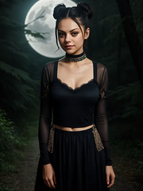 professional photo of Mila Kunis, space buns hair, perfect eyes, wearing bulky upper body clothing,  silk,   raglan sleeves, asymmetrical hemline, natural waist, asymmetric hem,,beads,,lace-up back,,front pockets, tailored lower body clothing, neural-linked nanomaterial,   regular fit, empire waist, cross-back,,train,,paneling, gorgeous smile,  haunted forest lunar crater,pass, costume makeup, low lighting, moody, large depth of field, deep depth of field, highly detailed, three quarter shot