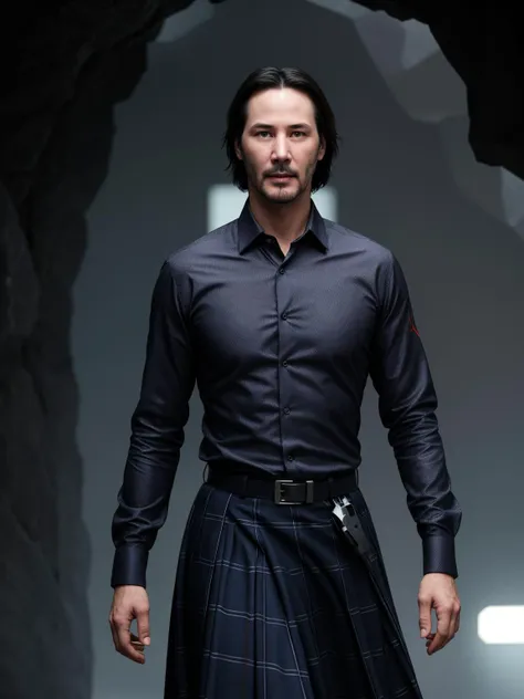 professional photo of Keanu Reeves, short comb-over hair, perfect eyes, wearing robotic titanium-weave    richly colored    digital camouflage pattern biomechanical utility kilt,  robo-lace dress shirt,  holo-visor, , watercolor animation architecture crystal caves hologram, upper body shot low lighting, moody, large depth of field, deep depth of field, highly detailed, three quarter shot