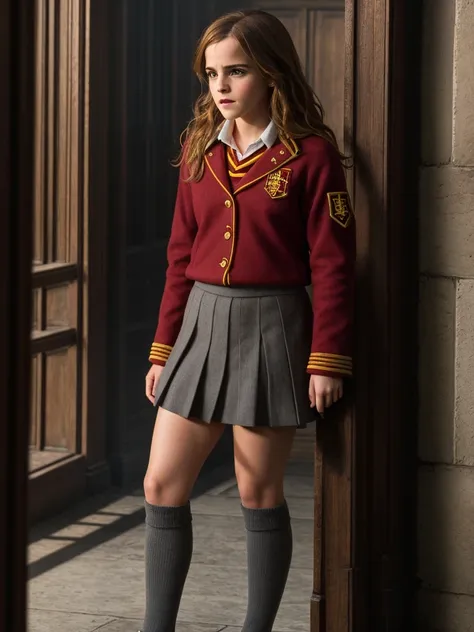 1girl, emma watson as hermione granger, hogwarts, gryffindor uniform, grey socks, (close up:0.3)