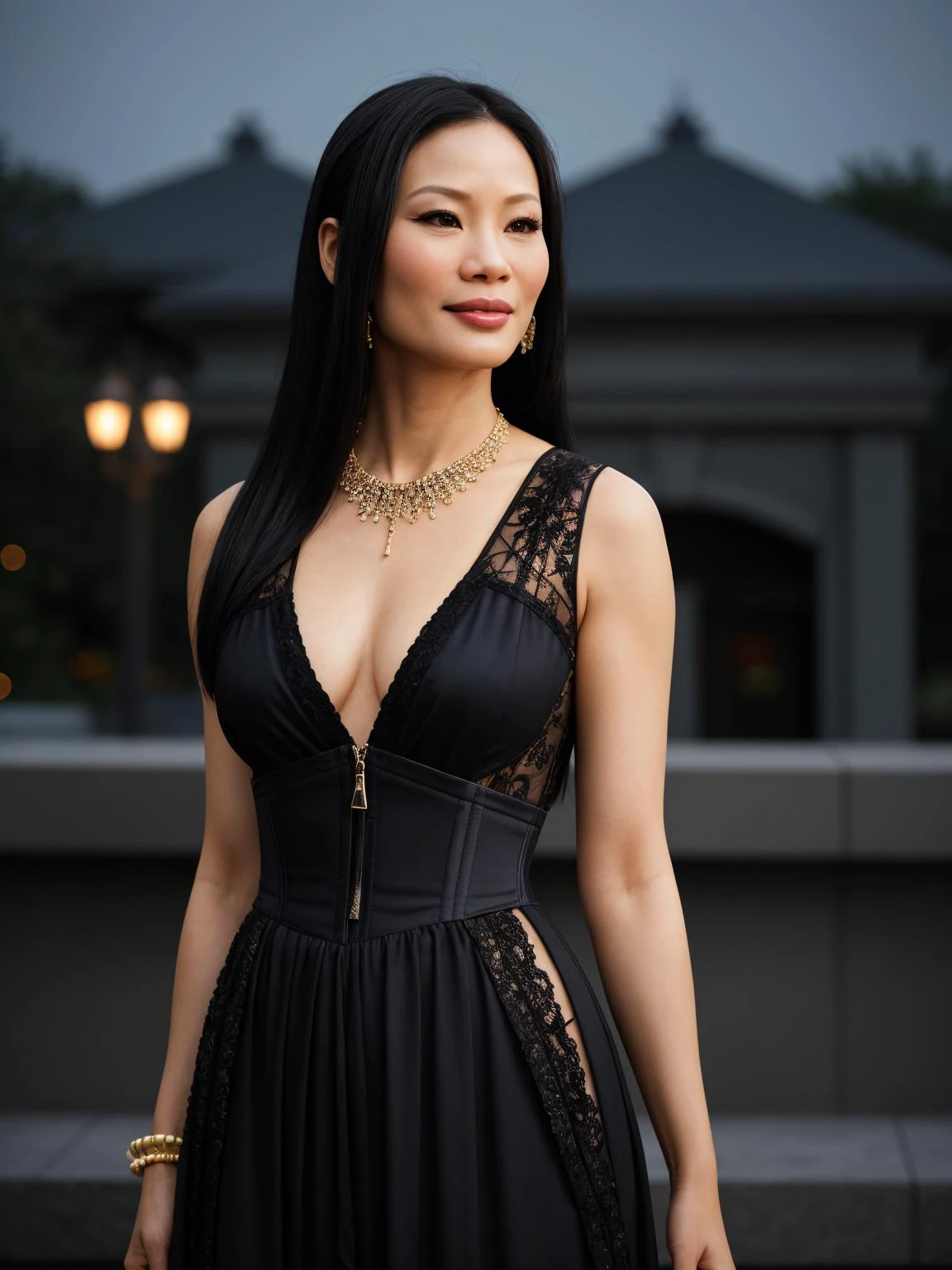 professional photo of Lucy Liu, box braids hair, perfect eyes, wearing constricting upper body clothing, round neck, ethereal mesh, vaporwave print, sleeveless, maxi length, empire waist, statement necklace,,zipper fly,,two-piece set, corset closure,,back darts,,appliqué work,,keyhole back, loose-fitting lower body clothing, cashmere, lacy, slate tiles, regular fit, natural waist, adjustable waist,,embellishments,,metallic accents, gorgeous smile, litotes architecture night sky pediment, natural "no-makeup" makeup, low lighting, moody, large depth of field, deep depth of field, highly detailed, three quarter shot