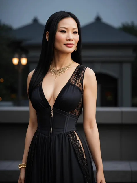 professional photo of Lucy Liu, box braids hair, perfect eyes, wearing constricting upper body clothing, round neck, ethereal mesh, vaporwave print,  sleeveless, maxi length, empire waist, statement necklace,,zipper fly,,two-piece set, corset closure,,back darts,,appliqué work,,keyhole back, loose-fitting lower body clothing, cashmere, lacy, slate tiles, regular fit, natural waist, adjustable waist,,embellishments,,metallic accents, gorgeous smile, litotes architecture night sky pediment, natural "no-makeup" makeup, low lighting, moody, large depth of field, deep depth of field, highly detailed, three quarter shot