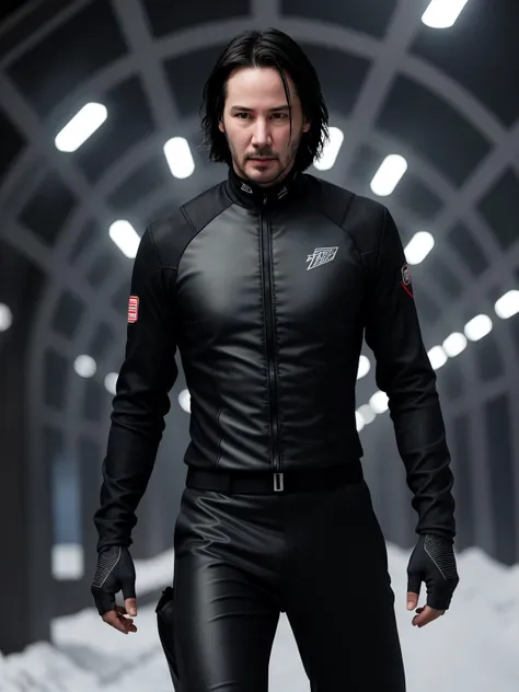 professional photo of Keanu Reeves, short comb-over hair, perfect eyes, wearing  cyberspace running leggings, haptic fiber    tron grid pattern neural silk tuxedo vest, cyber-diamond armor boots, graphene head wrap, ,  city park rock ceiling,snow-covered scene, upper body shot low lighting, moody, large depth of field, deep depth of field, highly detailed, three quarter shot