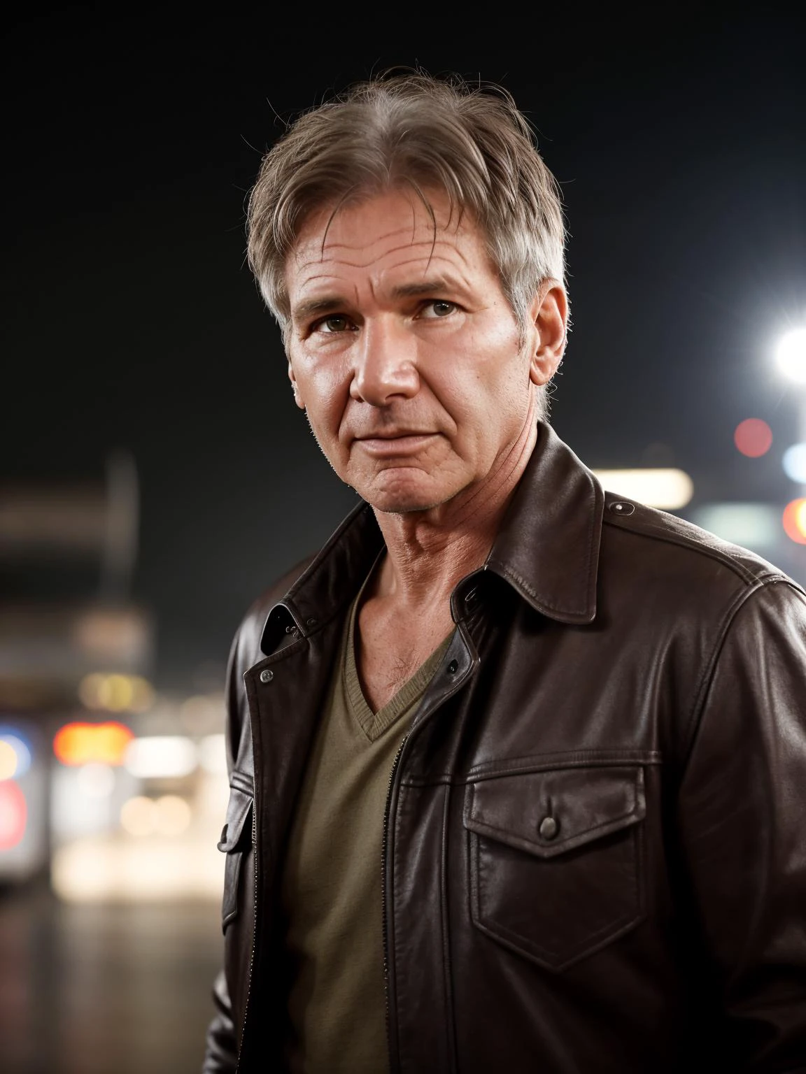 professional photo of Harrison Ford, textured quiff hair, perfect eyes, wearing Indiana Jones outfit, nebula peak,hill,bubbling mud,public transit station, upper body shot low lighting, moody, large depth of field, deep depth of field, highly detailed, three quarter shot